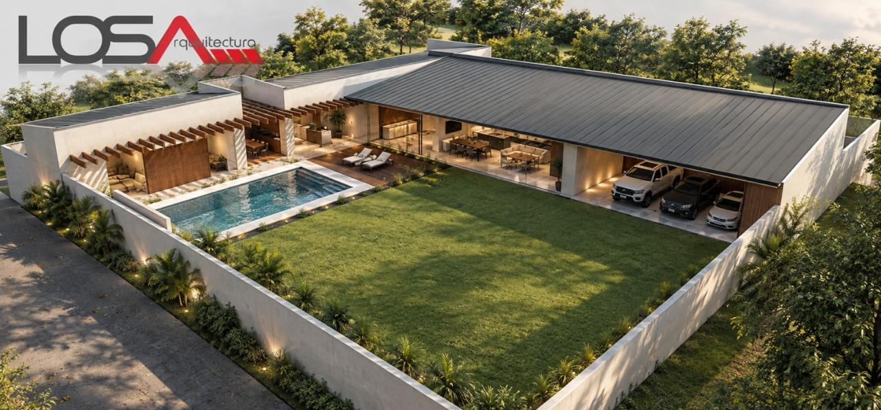 Render del anteproyecto con vivienda, patio y piscina; construcción no incluida